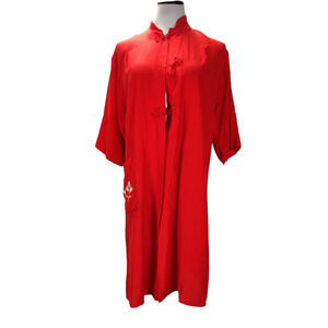 Vintage 60s Japanese Rayon Robe Red Frog Closure Embroidered S